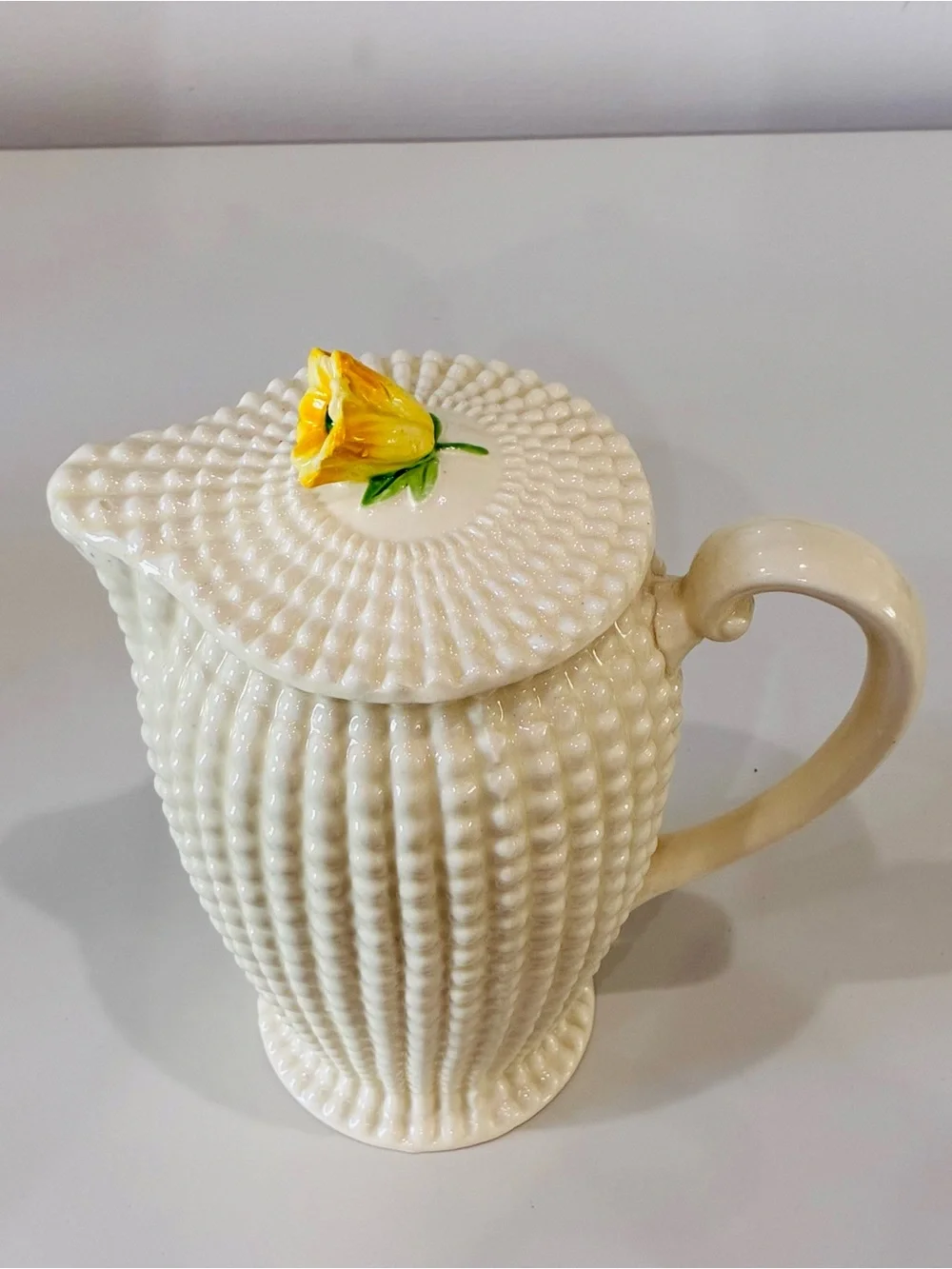 VTG Maruhon Ware White Hobnail Pitcher / Coffee/Tea  with Yellow Flower Lid -